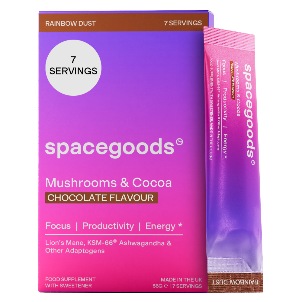 Spacegoods Rainbow Dust Focus Mushroom & Adaptogen Super Blend Supplement Coffee Chocolate 7 x 8g