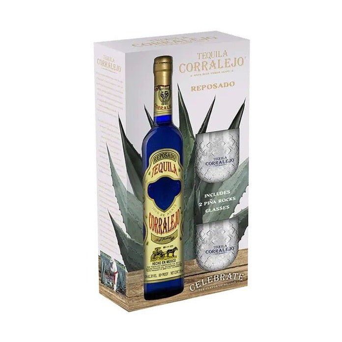 Corralejo Reposado Tequila with 2 Pina Rocks Glasses Gift Set