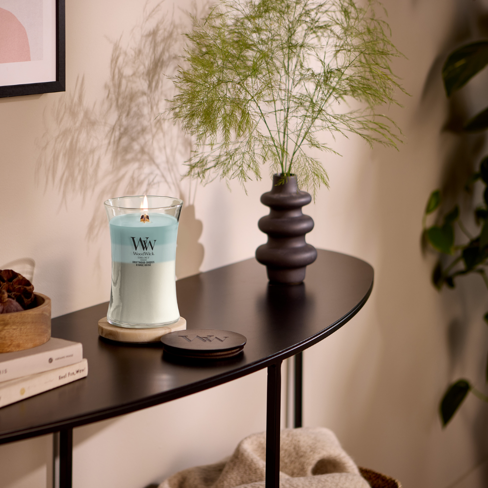WoodWick Trilogy Driftwood Shores Large Hourglass Jar Candle